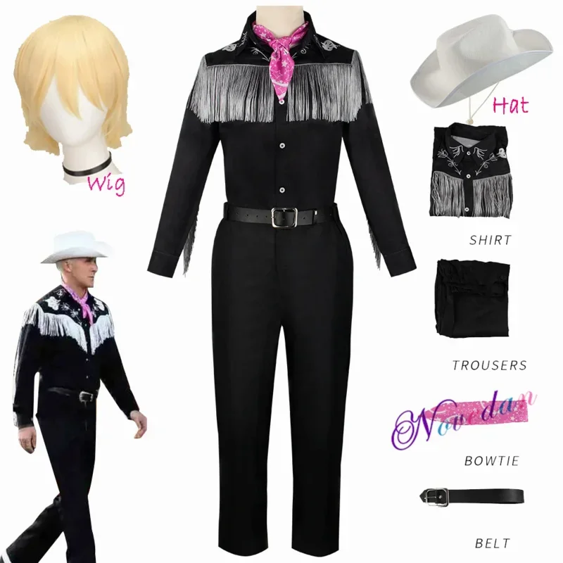 Disfraz de Cosplay de la película Barbi Ken, disfraz completo de uniforme de Halloween para mujeres, hombres y niños, sombrero de vaquero, camisa, pantalones, traje de peluca