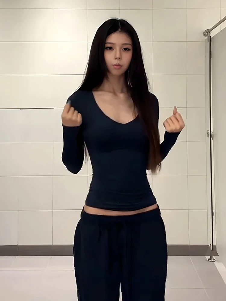 American Sle Hot Girl Long Sve V-Ne T-Shirt Damen Herbst New Slim Fit Elastic Base IRT Inner Wear Top Baumwollmischung