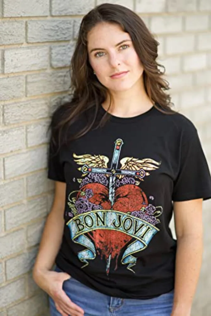 Retro Bon Jovi Tattoo Style Heart Sword Print Oversized Cotton Rock Band Fan T-shirt Streetwear Tops