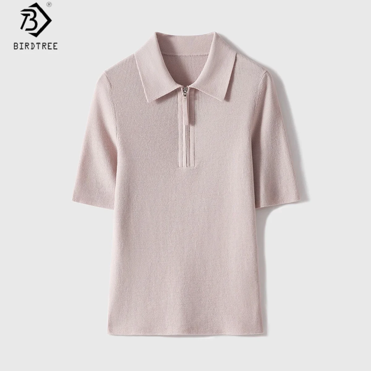 Birdtree, 100% Sheep Wool Solid Tshirt, Lapel Neck Short Sleeve Tops, Women Knitted Thin Zipper Shirt, 2026 Autumn New T67022JF