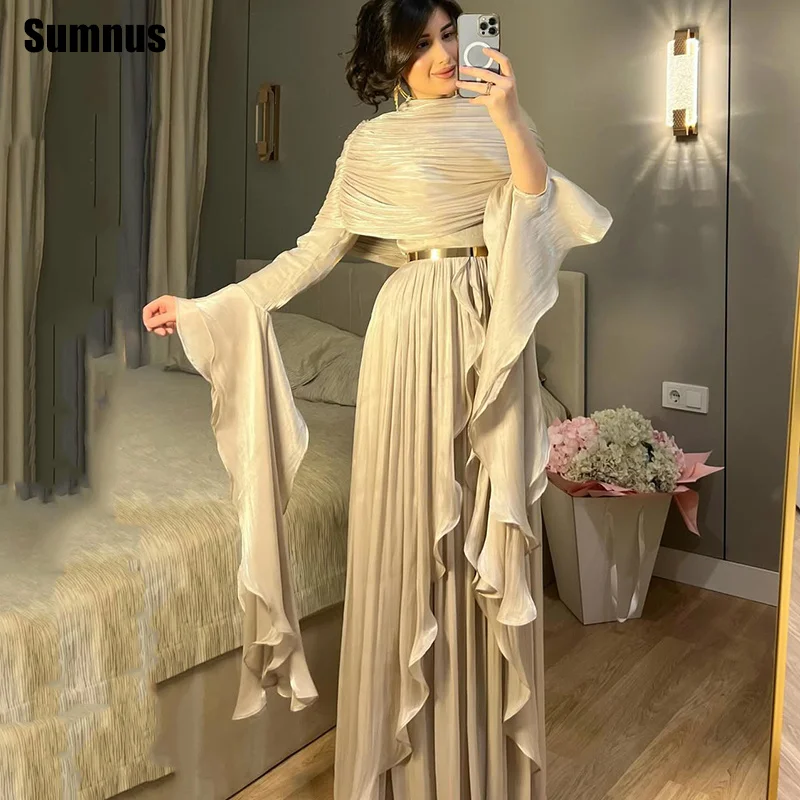 

Sumnus Elegant A-Line Evening Dresses Silk High Neck Pleats Saudi Arabia Formal Dresses Gala فساتين سهرة Customized
