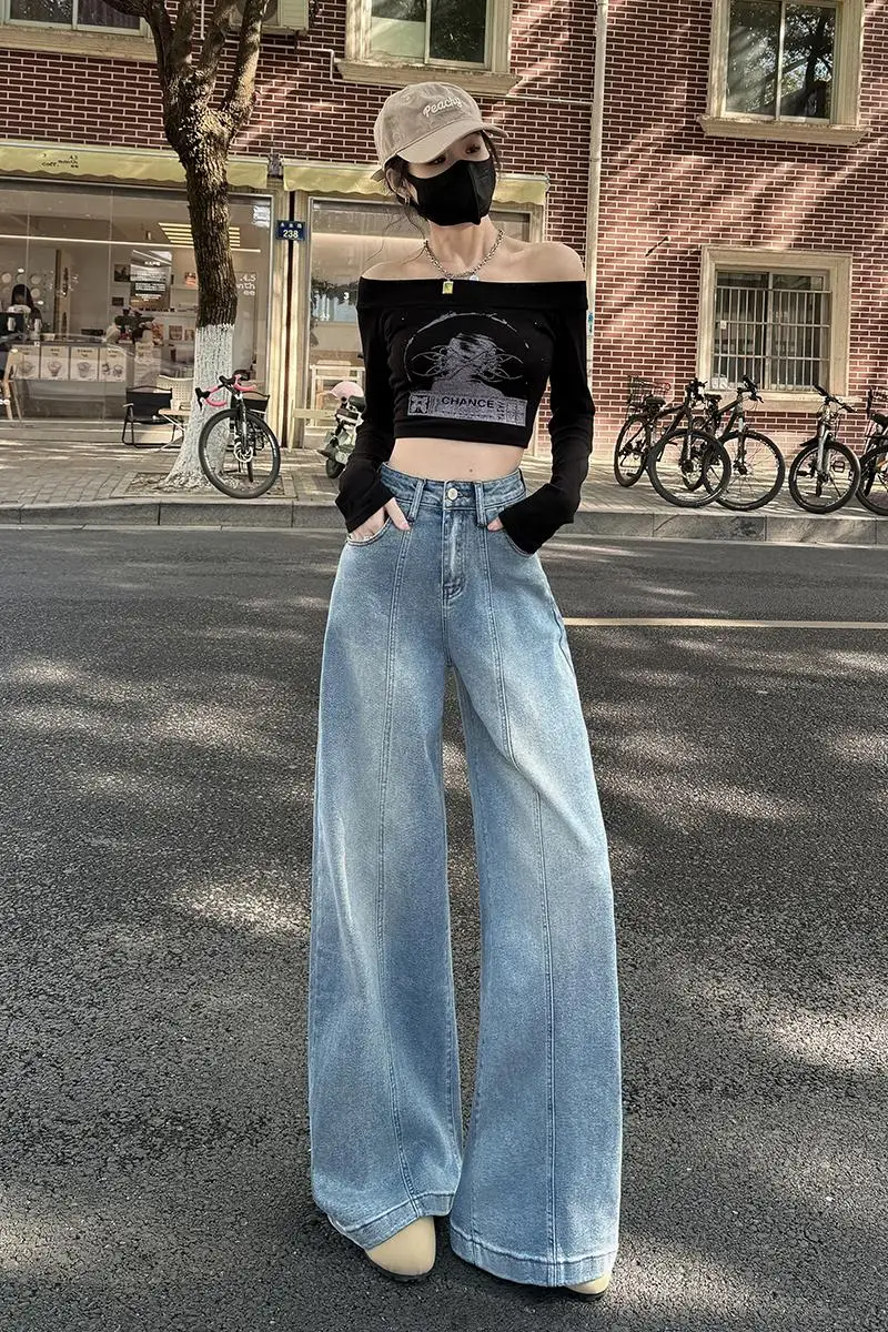 High Waist Wide-leg Jeans for Women Spring Summer Loose Straight Trousers Elastic Korean Clothes Denim Street Wear Capris Pants