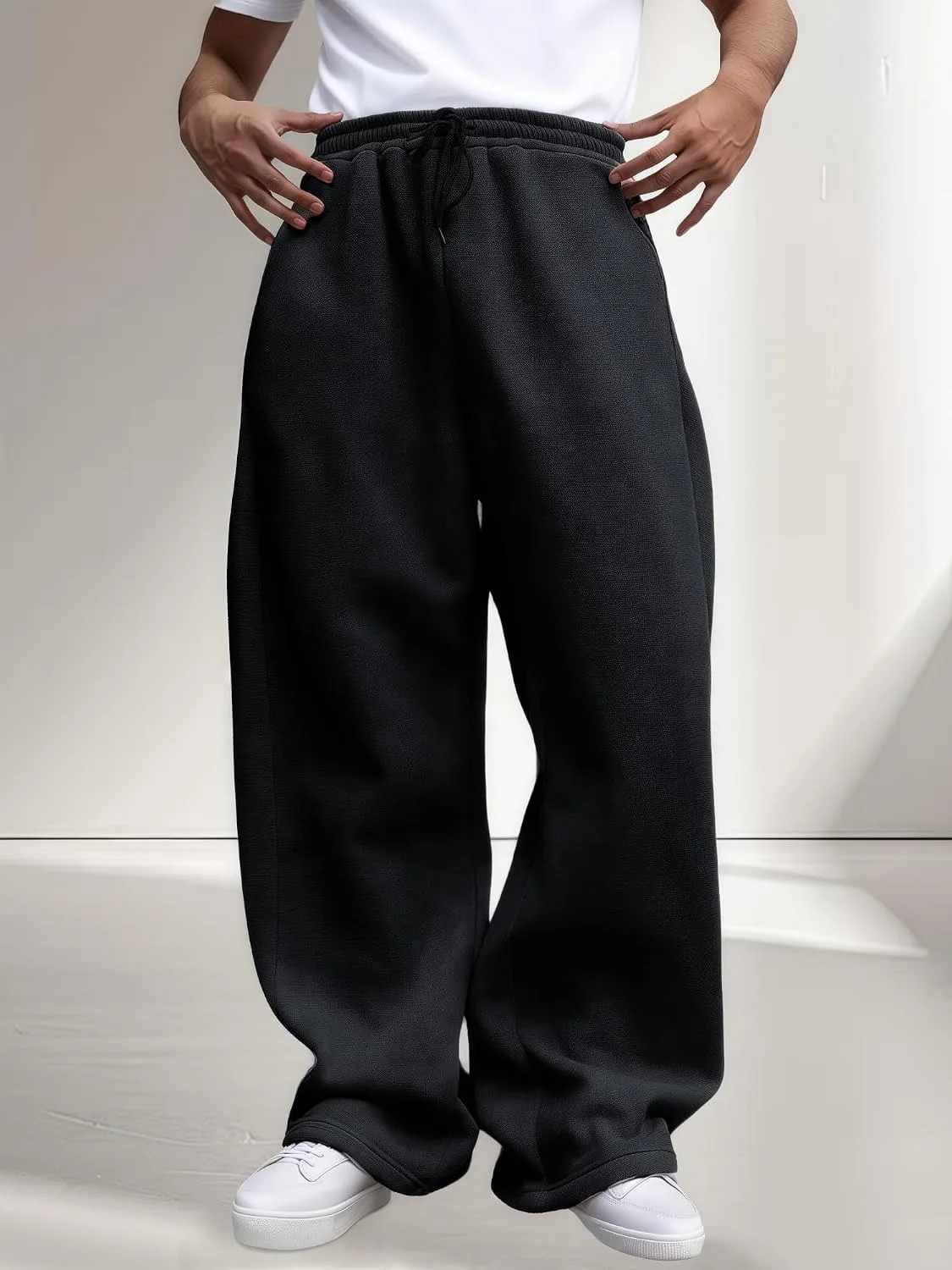 Mens Baggy Sweatpants Fleece Wide Leg with Elastic Drawstring Waist, Casual Loose Lounge Joggers