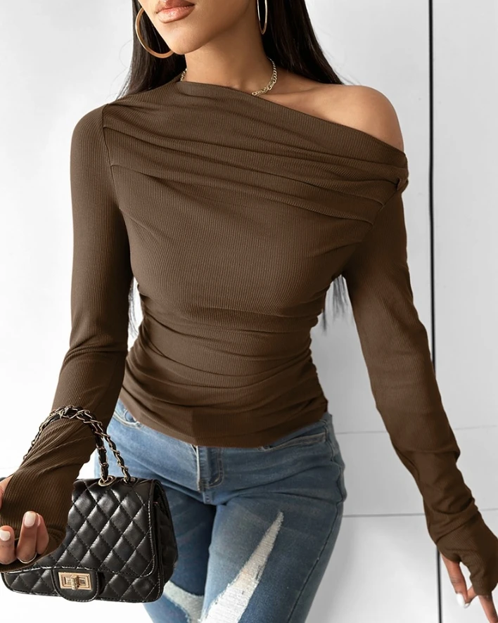 

Women's Tops Elegant Skew Neck Off the Shoulder Ruched Long Sleeve Skinny Top Solid Fashion Fall Female Sexy Sweet Clothing