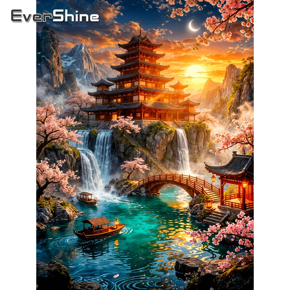 Evershine Landscape Diamond Painting Tower Full Square Mosaic Waterfall Rhinestones Embroidery Mountain DIY Bridge Home Decor