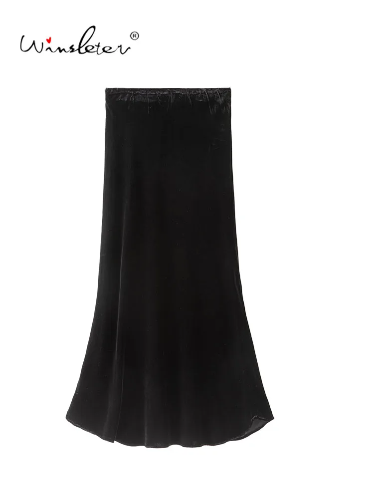 Winsleter-Silk Velvet Elegant Skirts, Elastic Waist Solid, Women French Retro Temperament Trumpet Skirt, 2026 Autumn B68736CC
