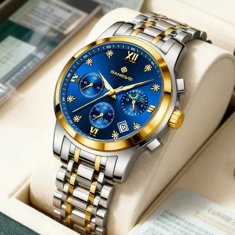 

Оригинальные BANGWEI лучший бренд класса люкс новые кварцевые часы из нержавеющей стали для мужчин водостойкие светящиеся мужские часы с фазой Луны