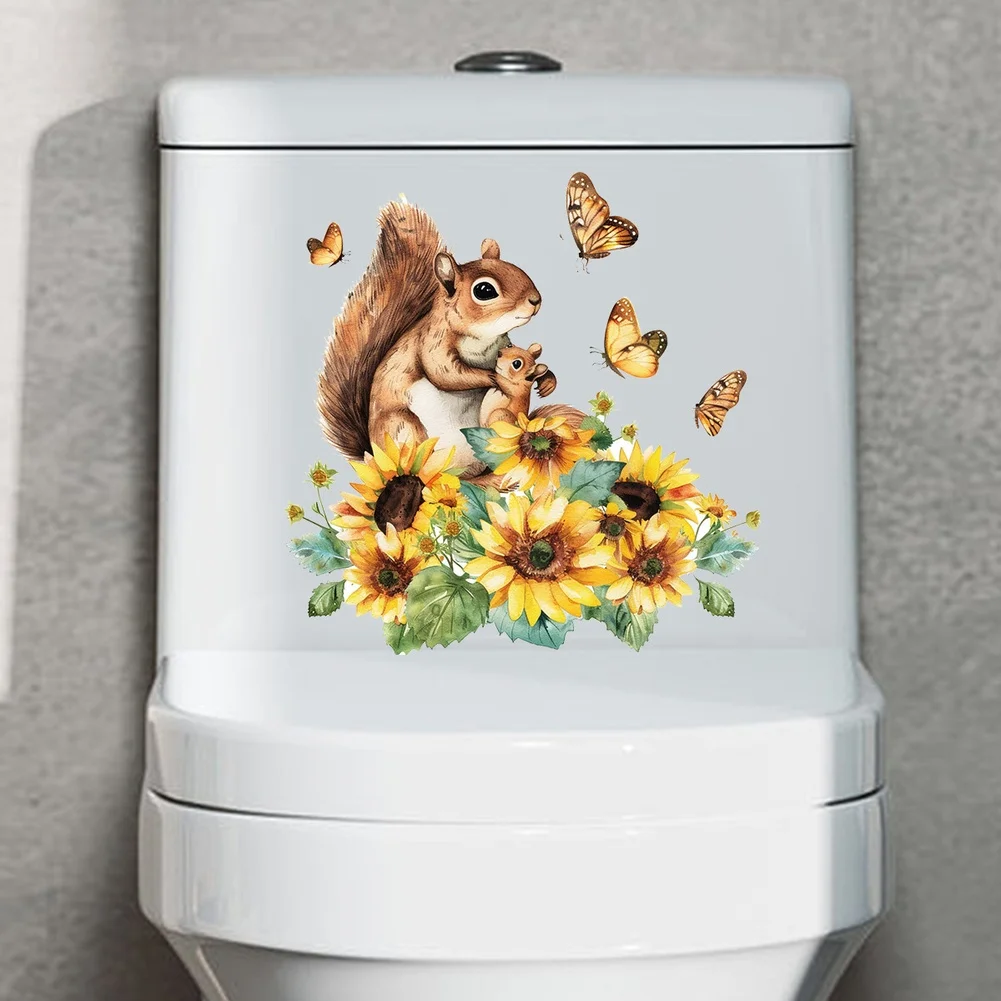 Bathroom Toilet Wall Sticker Sunflower Squirrel PVC 30x30cm Waterproof Decor for Tile Glass Easy Application Decal view 3