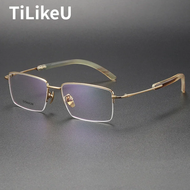 Natural Ox Horn Titanium Eyeglasses Half Frame Business Square Men Glasses Frame Ultralight and Comfort Half Rim Spectacle Frame