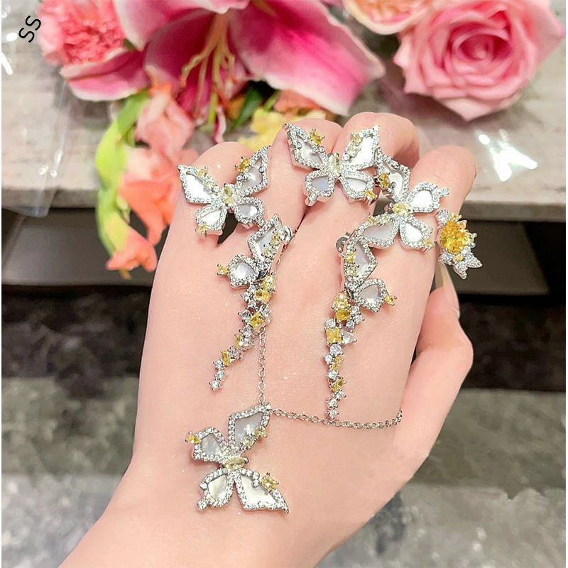 Free Collocation Butterfly Series Jewelry Sets 18K Plated Copper Inlaid Gemstone Necklace Earring Studs Open Ring Accessories