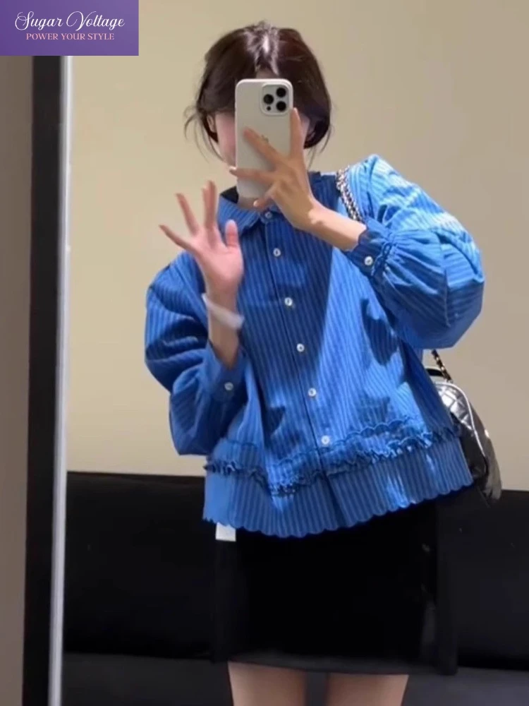 

Осенние новые корейские модные винтажные элегантные топы, женские свободные рубашки в полоску с длинными рукавами, офисные женские повседневные однотонные тонкие блузки