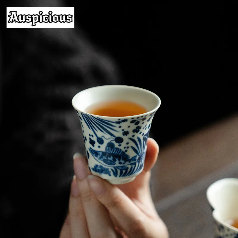 2pc/set Soda Glazed Teacup Half Color Fish Algae Pattern Tea Bowl Single Mug Smelling Cup for Tea Horseshoe Cup Teaware 40ml