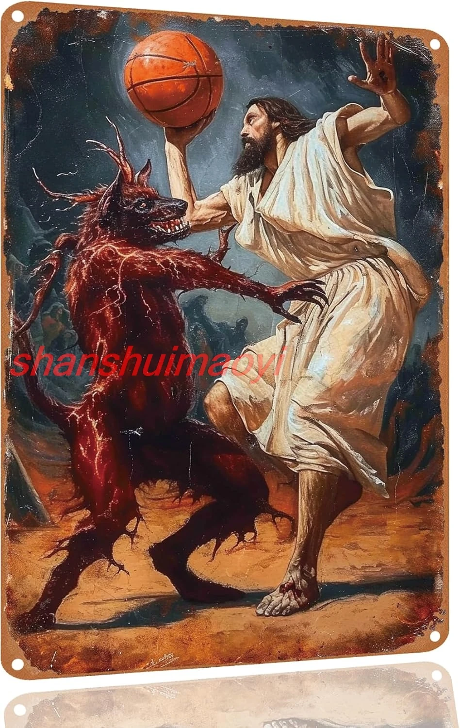 Vintage Metal Tin Sign Jesus Vs Devil Satan In Basketball Sign Funny Tin Signs Wall Art Decor Plaque For Home Bar Pub Club  sign