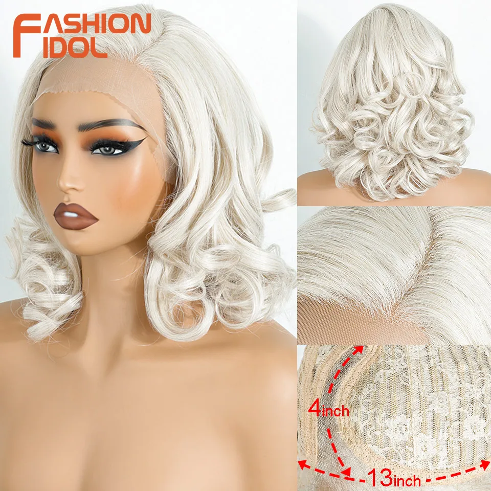 

FASHION IDOL 10inch Deep Wave Daily Wigs Cosplay Dyed Wigs Synthetic With Baby Hair Wigs Ombre Blonde T Part Lace Wigs For Women