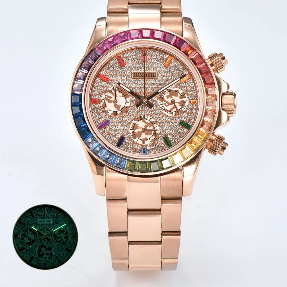 Orologio da uomo personalizzato da 39 mm con movimento VK63 vetro zaffiro quadrante con pietre preziose orologio da uomo d'affari impermeabile 10Bar