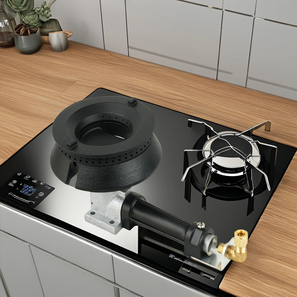 Commercial high-pressure gas stove burners are heavy-duty cast iron and brass, used in hotel stoves