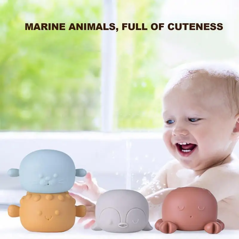 Squeaky Bath Toys 4X Squeaky Floating Animal Bath Squirts Stackable Soft Rubber Sea Animal Water Spraying Bathtub Toys For