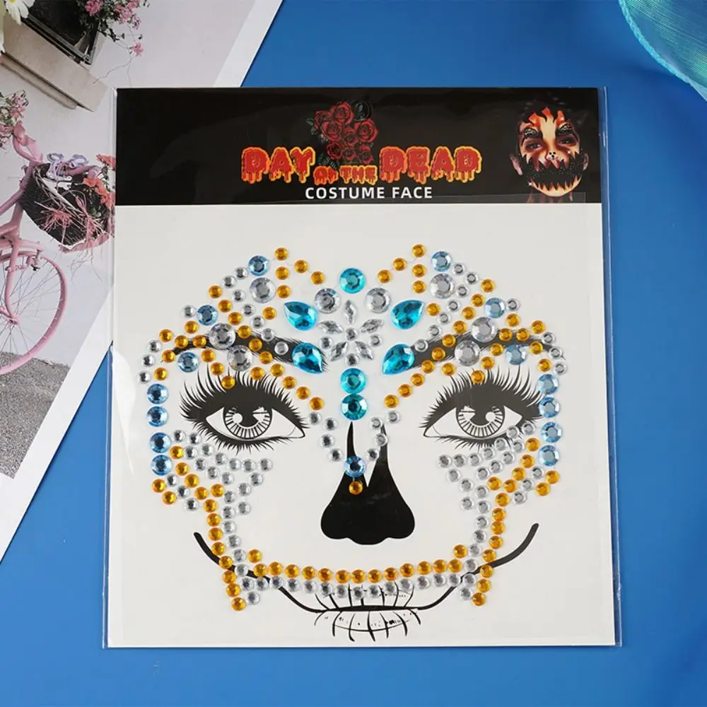 مضحك حجر الراين الوجه ملصق ملون كريستال DIY هالوين وهمية الوشم تأثيري الدعائم مهرج ماكياج الجمجمة الوجه ملصق
