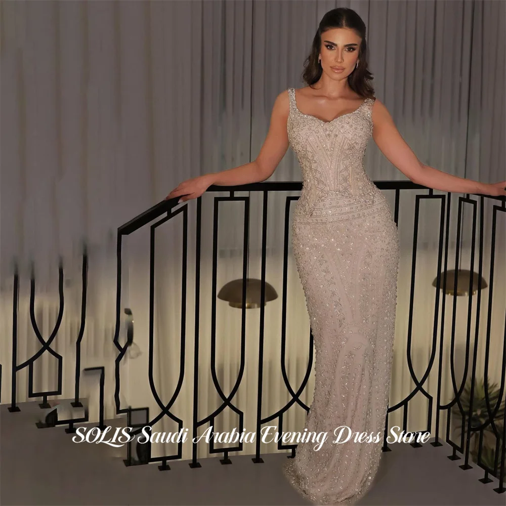 

SOLIS Ivory Prom Dress Spaghetti Strap Gala Dress Sequin Mermaid Saudi Arabic Full Beaded Bodice Evening Party Gown Customized