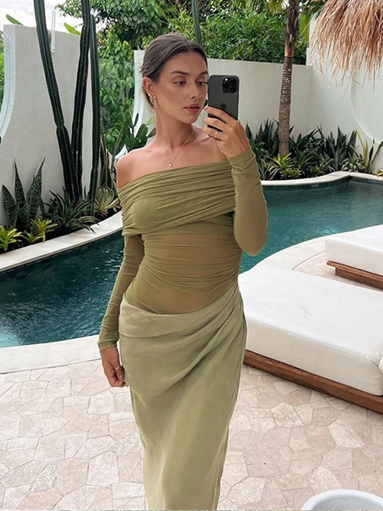 Vestido extraño con cuello oblicuo de gato para mujer, elegante, Sexy, de retales, de malla, fruncido, hueco, para fiesta de cumpleaños, ropa para discoteca, vacaciones, 2025