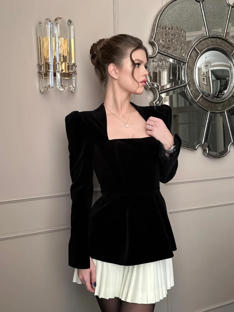 Elegant Women Velvet Contrasting Mini Dress Fashion Square Neck Long Sleeves Slim Pleated Dresses Chic Lady Evening Party Gowns