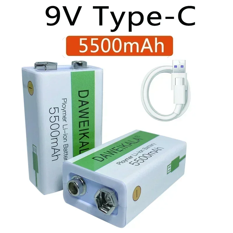 2025 9V battery 5500mAh li-ion Rechargeable battery Type-C Battery 9v for Multimeter Microphone Toy Remote Control fast charging