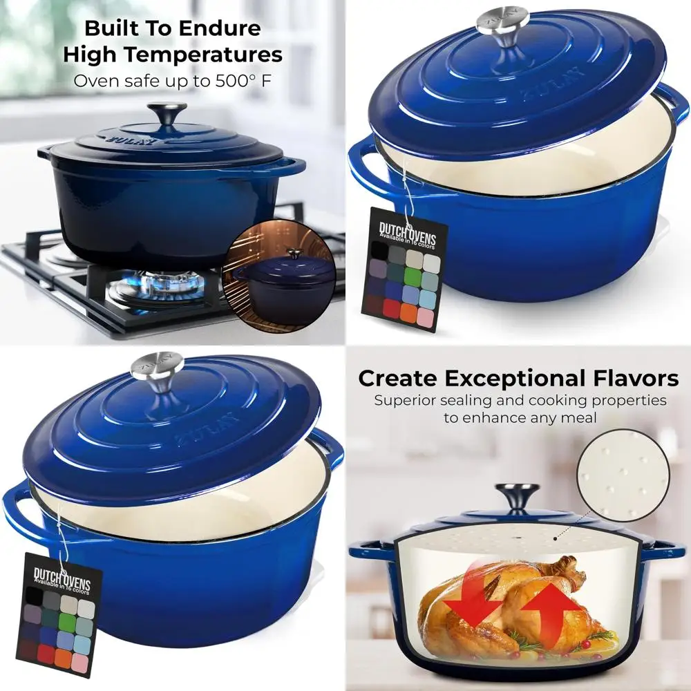 

Blue 6-Quart Durable Enameled Cast Iron Dutch Oven with Lid - Oven Safe to 500°F, Ideal for Baking, Stews, and Roasting
