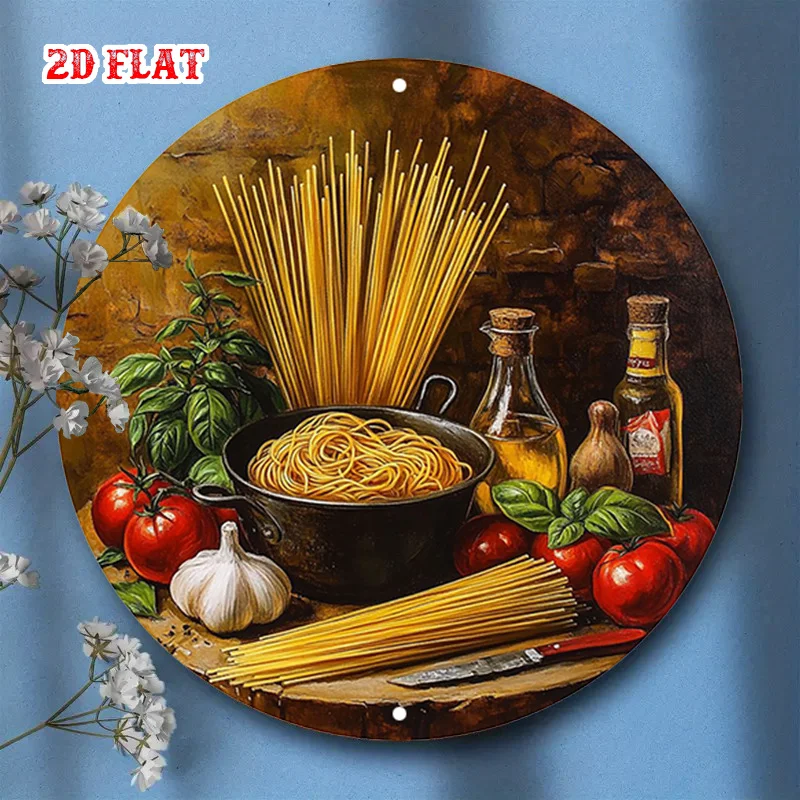 1pc Rustic Italian Kitchen Wall Art -  Round Aluminum Metal Sign with Spaghetti, Tomato, Basil & Garlic Design, Durable I