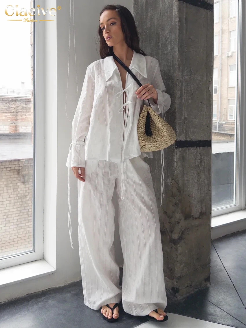 

Clacive Fashion Loose White Women 2-Piece Sets Sexy Long Sleeve Shirt With High Waist Wide Pants Set Female Clothing Streetwear