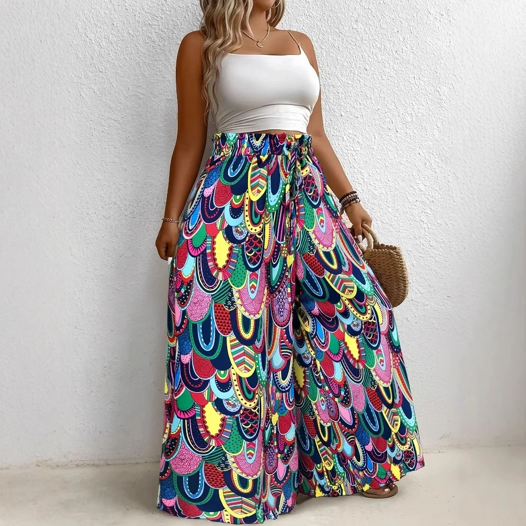2025 European and American Women's Pants Bohemian Feather Print High-waisted Loose Wide-leg Trousers