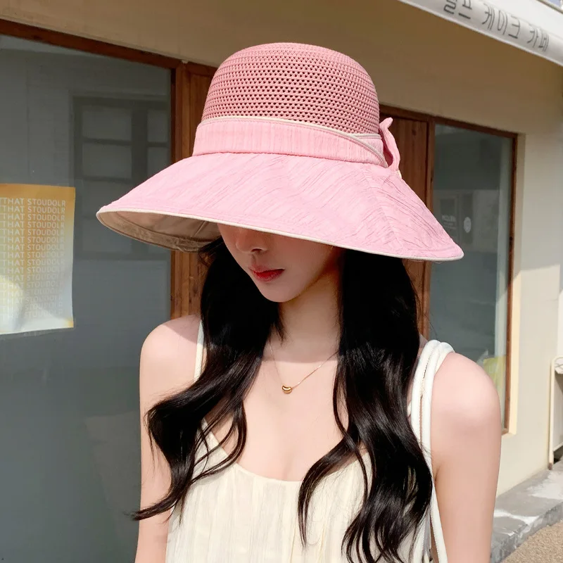 Korean version of the new style women's fashion knitted mesh color glue sunscreen sun hat in summer with bowtie folding sun hat