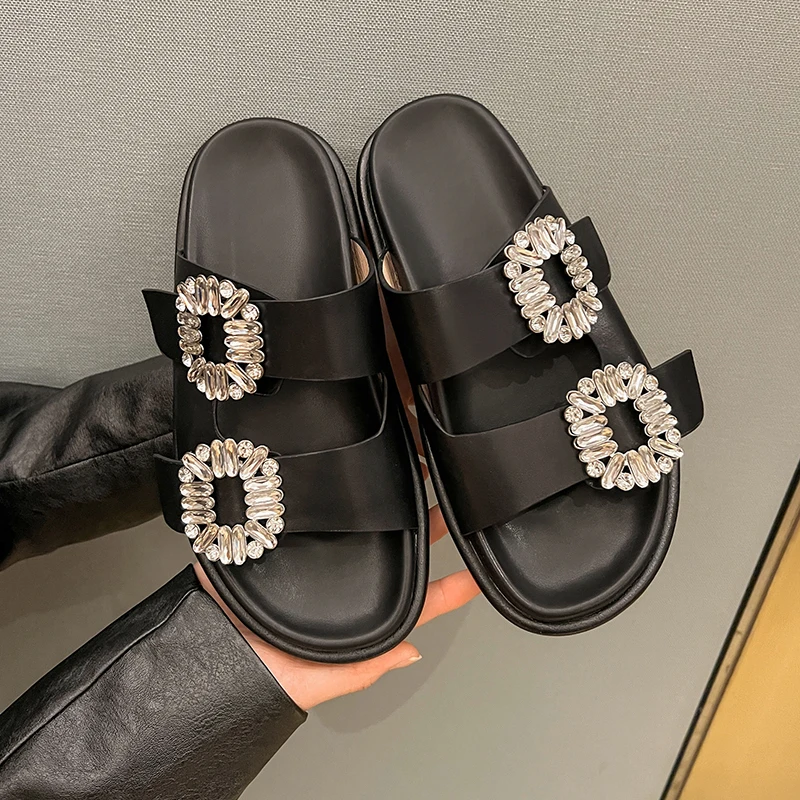 

Open Toe Sandals Flat-Bottomed Bijou Sandals And Slippers Outer Wear Women's Rhinestone Sides Buckle Ladies Slippers