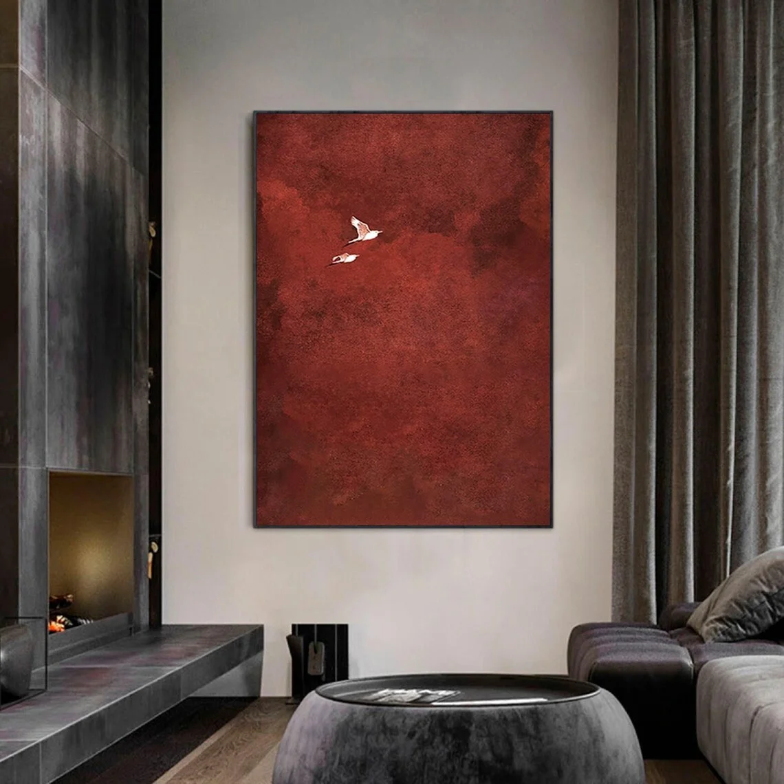 "Crimson Sky Birds Abstract Wall Print Decor - Minimalist Textured Painting of Two Birds in Flight Against a Deep Red Background view 6