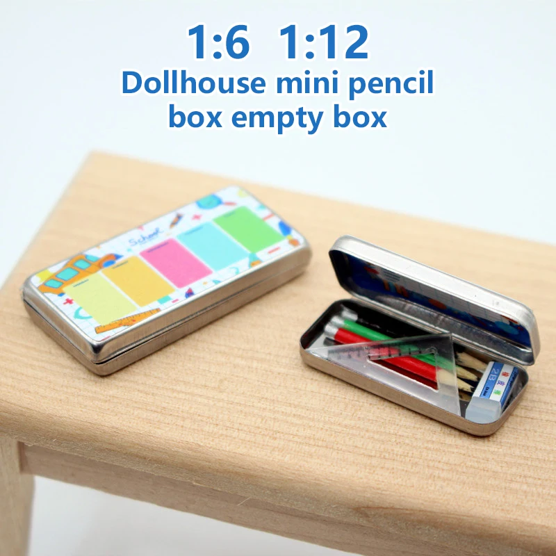 Dollhouse Miniature Double Layer Iron Pencil Box Pen Ruler Measuring Tape Scissors Model Micro Landscape Decor Pretend Play Toy