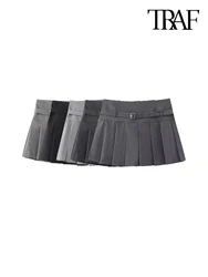 TRAF-Pleated Shorts Skirts dla kobiet, z paskiem, boczny zamek błyskawiczny, średnio wysoka talia, kobiece spodenki, moda