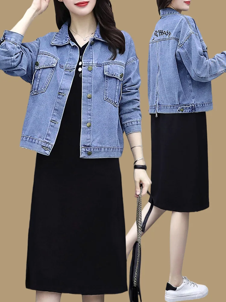 

plus Size Women's Dress Spring Autumn New Style Slimming Denim Jacket Two Piece Set Korean Style High Waist A-Line Skirt