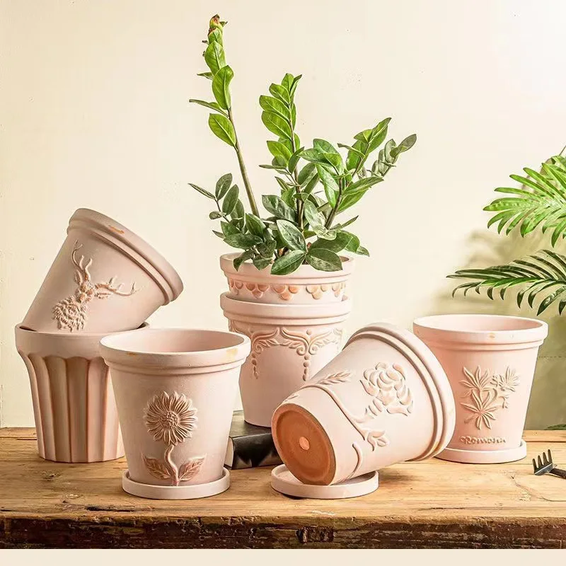 Roman Embossed Flower Pots Fog White Retro Nordic Flower Pots Absorbent Breathable Pottery Pots Garden Balcony Pottery Pots