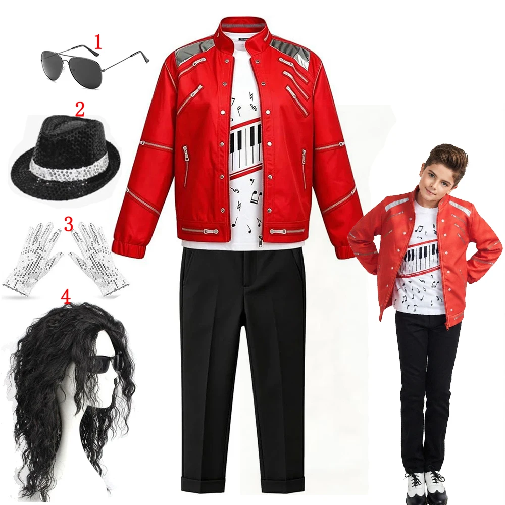 Kids Red Singer Stage Costume 7Pcs Retro Performance Outfit Jacket Pants Hat Gloves Microphone Sunglasses Halloween Cosplay Suit