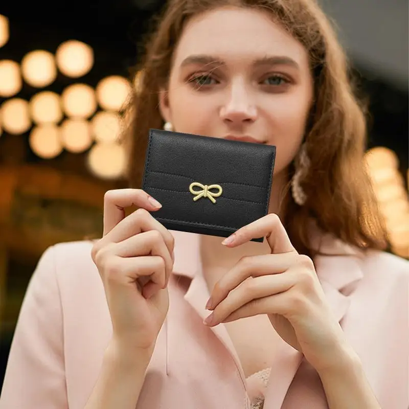 New Minimalist Solid Color Faux Leather Compact Wallet With Golden Bow Decoration Women's coin purse card holder