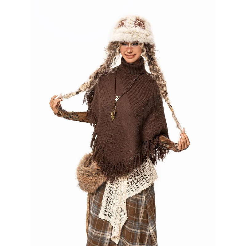 Americano retro design café cor irregular borla malhas femininas outono inverno nova gola alta quente menina capa xale senhoras