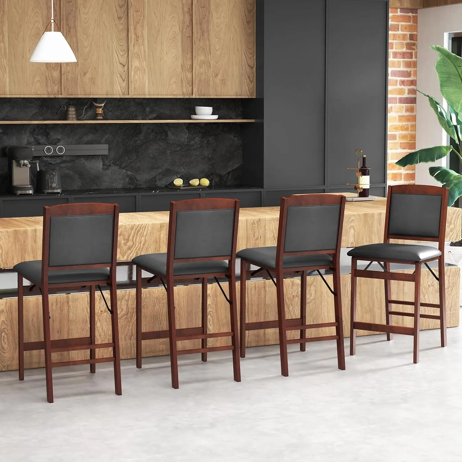 Costway Set Of 4 Counter Height Chairs, 24.5” Folding Kitchen Island Stool With Rubber Wood Legs, Footrest, Padded Seat &