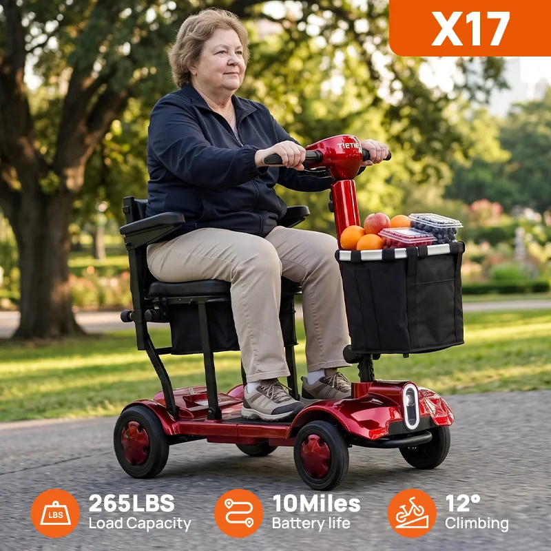 Portable Foldable 4‑Wheel Mobility Scooter, 270W Adult Elderly Electric Scooter, 12° Climbing, Lightweight Travel Power Mobility Scooter with Basket