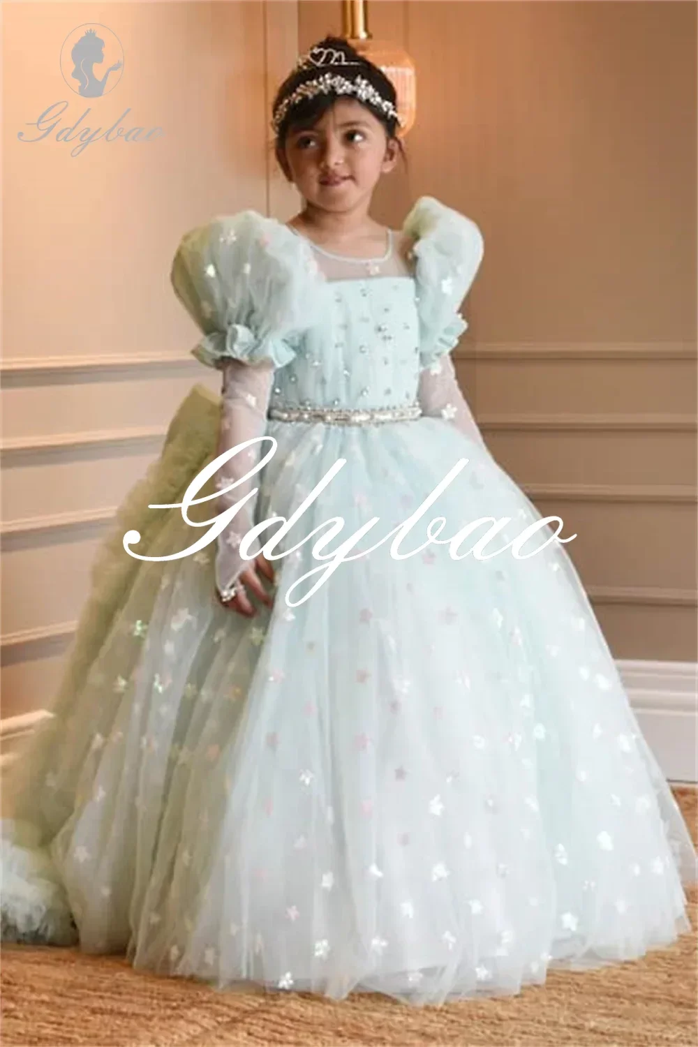 Beading Applique Luxury Pleat A Line Flower Girl Dress Puff Sleeve Bow Floor Length Formal First Communion Gown Customized