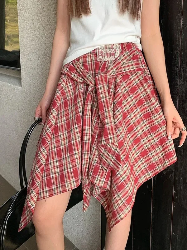 

Irregular Red Plaid Strap f-length Skirt High-waisted Street Sle Polyester Cotton Blend Midi A-line Skirt