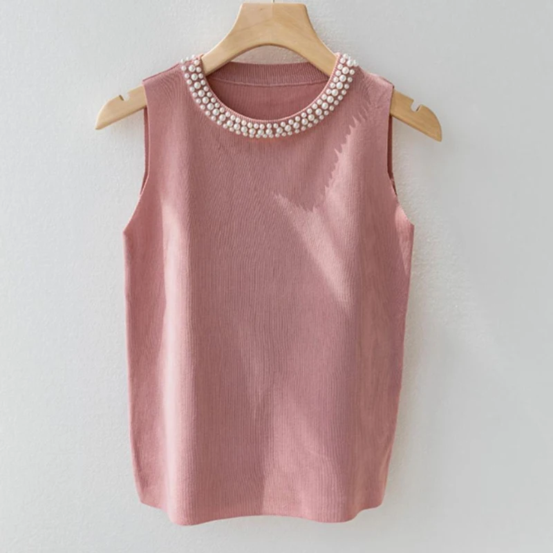 Effen Kleur Nail Bead Mouwloos Hemdje Vest voor Vrouwen Lente Herfst Nieuwe Slim Fit Kleine Geur Stijl Dame Gebreide Top 7115
