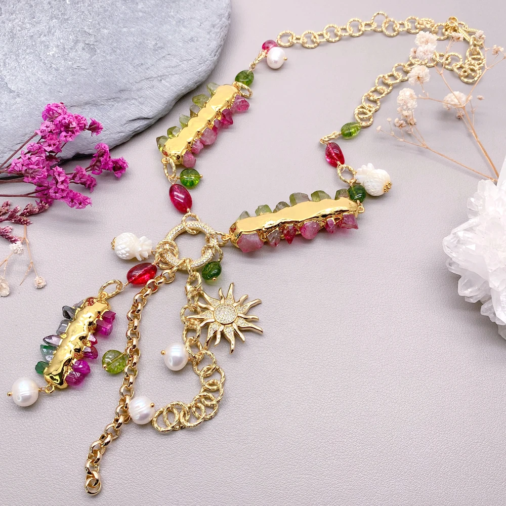 Y·YING  Rainbow Color Quartz Druzy White Sea Shell Pendant Y Necklace Bohemian For Women Girls