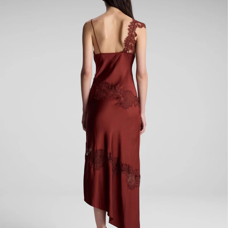 2025 Wine Red Lace Slim Party Dress Sexy Sleeveless Suspender Summer Long Dress Casual Backless Hollow Out Satin Women's Dress