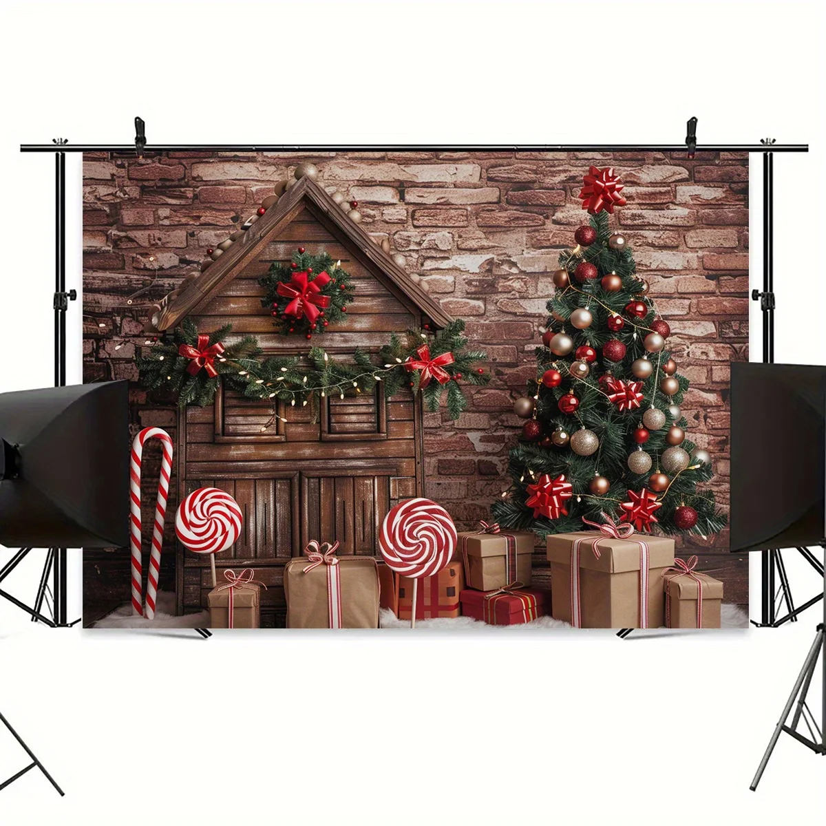 Polyester Christmas gingerbread house background, suitable for bridal showers, birthdays, parties holiday theme background