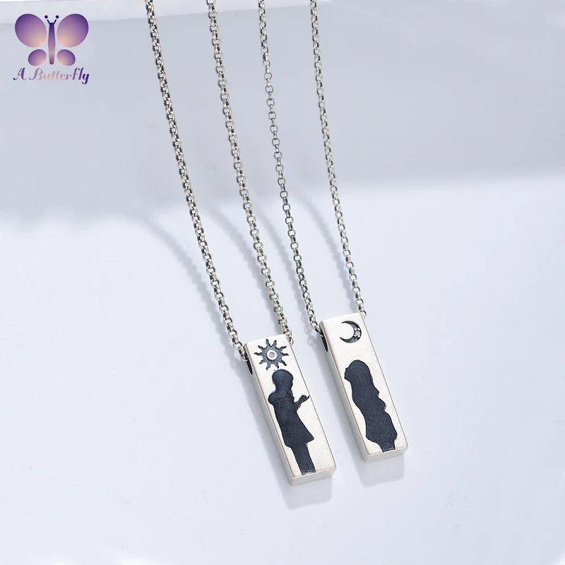 AButterfly 100% 925 Sterling Silver Couple Necklace Men and Women Love Token Clavicle Chain Retro Personality Fine Jewelry