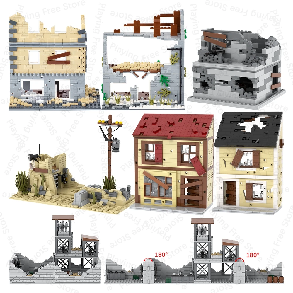 MOC WW2 Battlefield Bricks Ruined Houses Military War Compatible Figure Building Blocks Toys For Children Adult Friends Gift DIY